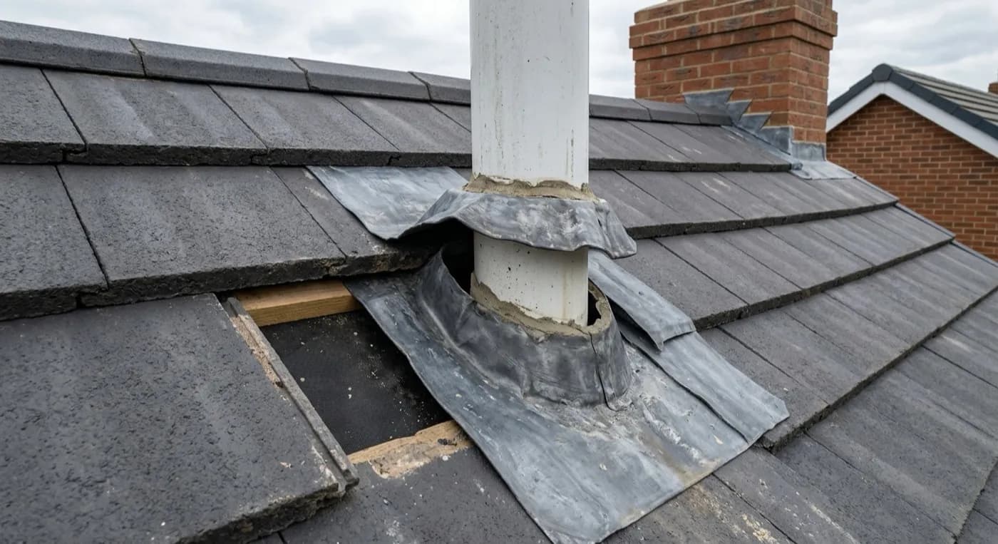 Close aerial detail of a lead flashing lifting away from a new build chimney or soil stack upstand