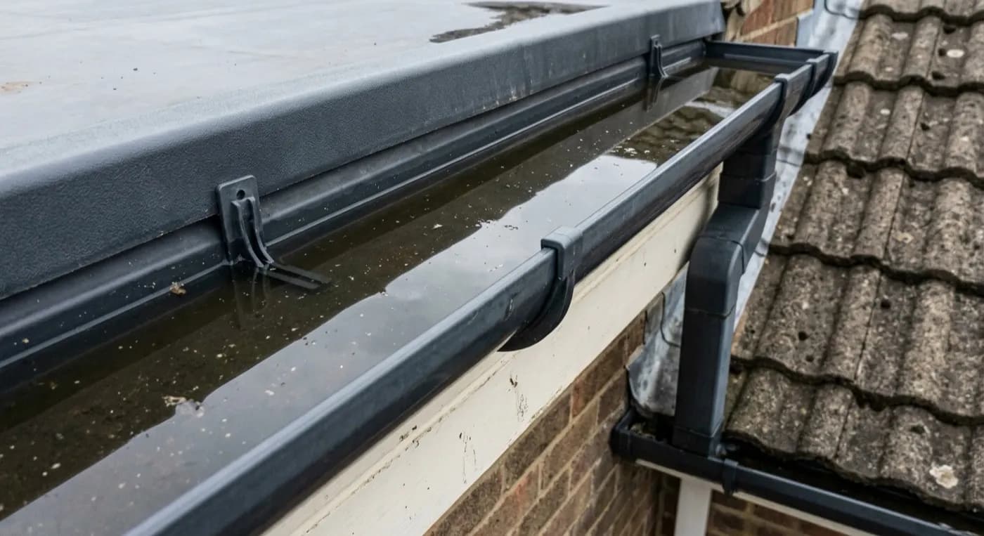 Close aerial detail of a new plastic gutter run holding standing water instead of falling to the downpipe