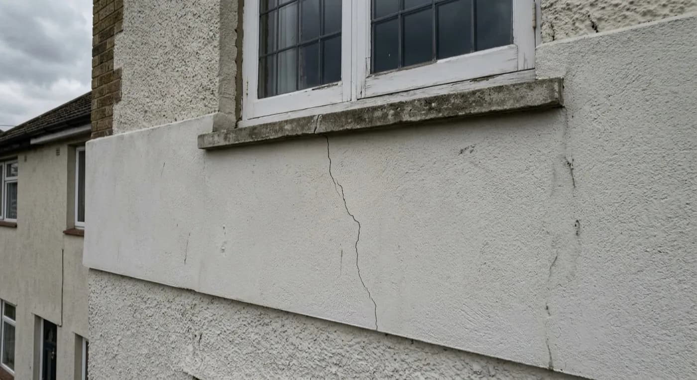 Close aerial detail of a hairline crack running through fresh render below a first floor window