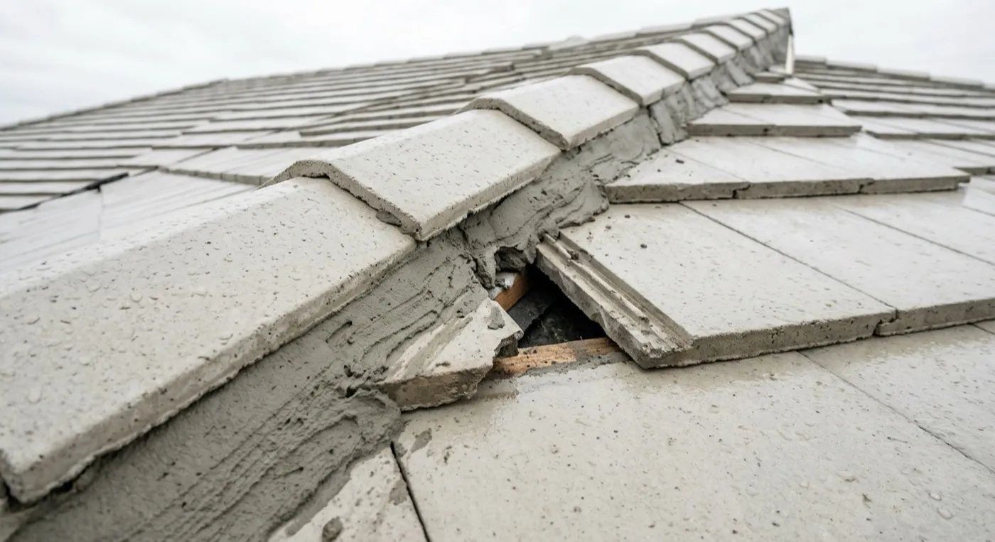 Close aerial detail of a gap in the mortar bedding along a new concrete tile ridge line
