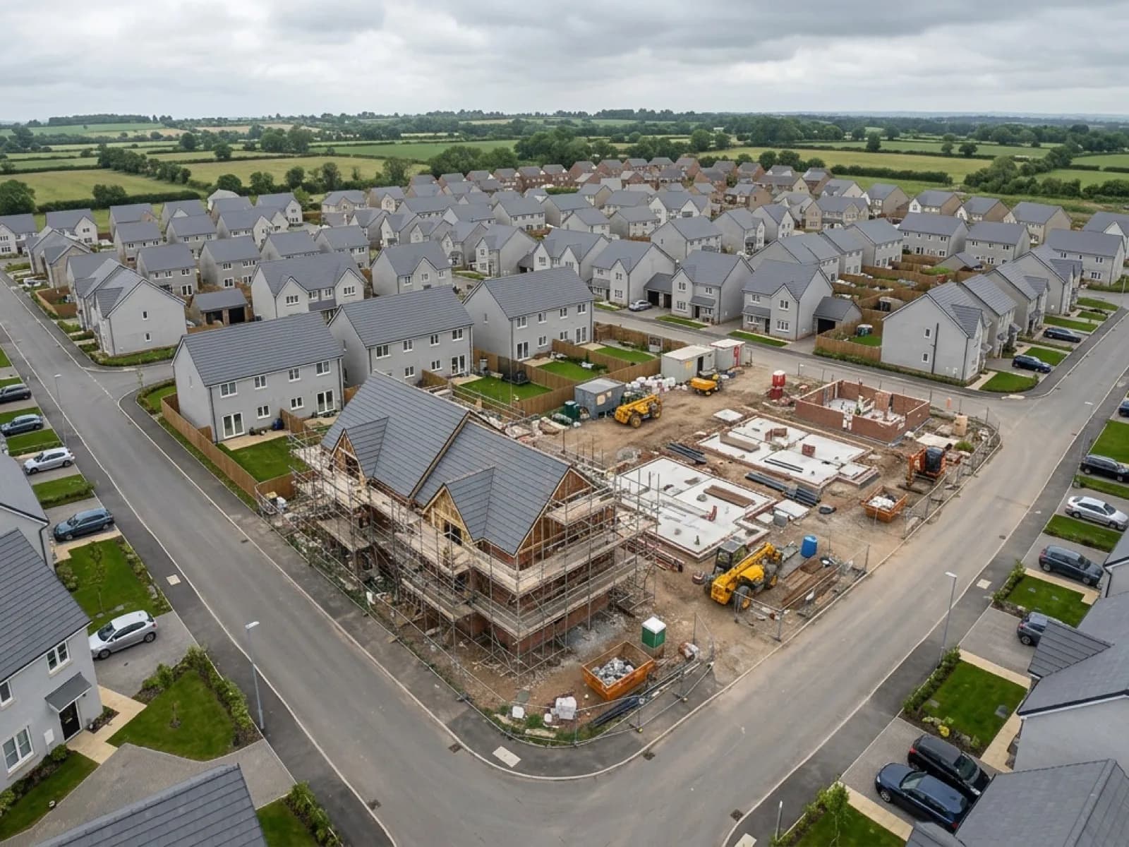 Aerial view of a new build housing estate with grey concrete roof tiles, rendered facades and a partly finished plot beside scaffolding