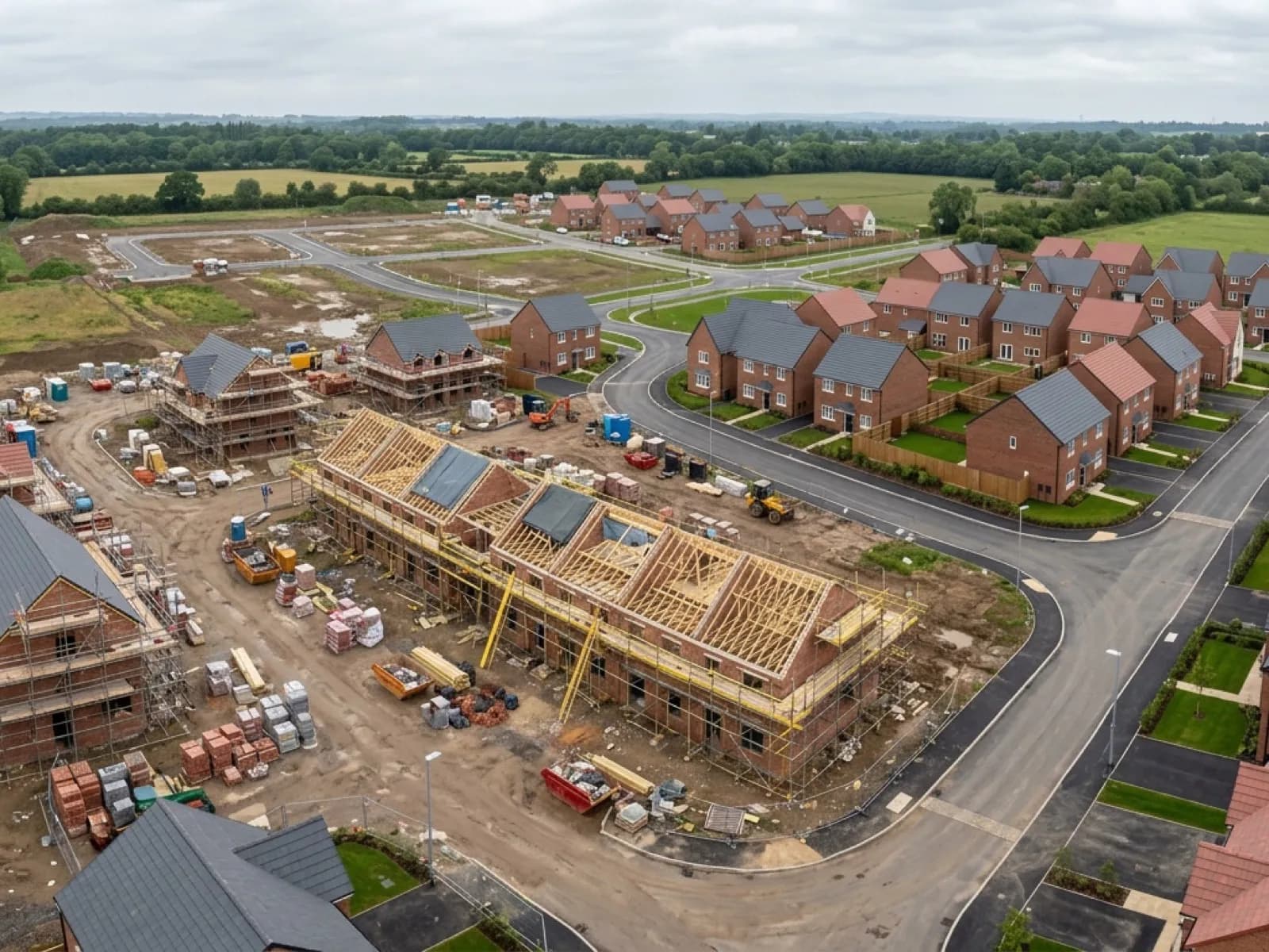 Aerial view of a new build estate under construction with a mix of finished roofs, scaffolded plots and a partly built terrace